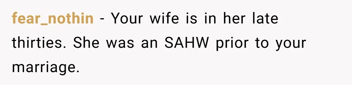 Man Tells His Wife To Get A Job or Start Cooking And Cleaning After Moving Abroad, Was He Too Harsh? fear_nothin − Your wife is in her late thirties. She was an SAHW prior to your marriage.