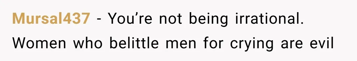 Mursal437 − You’re not being irrational. Women who belittle men for crying are evil