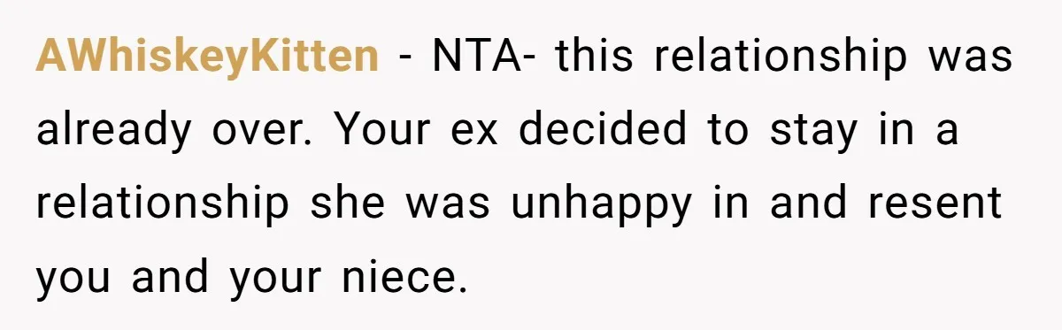 AWhiskeyKitten − NTA- this relationship was already over. Your ex decided to stay in a relationship she was unhappy in and resent you and your niece.