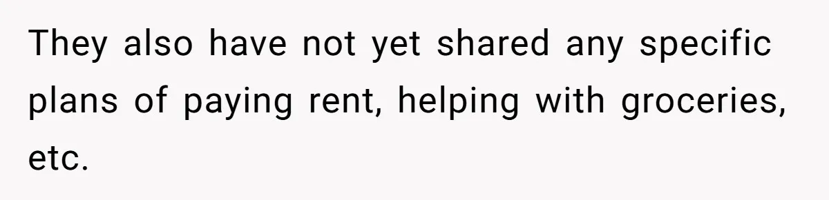 They also have not yet shared any specific plans of paying rent, helping with groceries, etc.