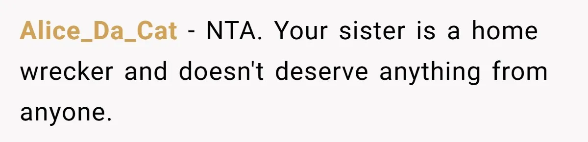 Alice_Da_Cat − NTA. Your sister is a home wrecker and doesn't deserve anything from anyone.