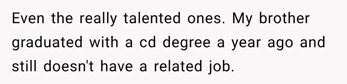She Lied About a Double Major to Keep the Peace, Now Her Parents Say She’s Betrayed Them Even the really talented ones. My brother graduated with a cd degree a year ago and still doesn't have a related job.