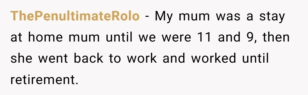 ThePenultimateRolo − My mum was a stay at home mum until we were 11 and 9, then she went back to work and worked until retirement.