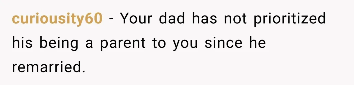 Dad Promises Daughter A Bedroom, Then Makes Her Sleep On The Couch And Prioritizes His Wife's Family curiousity60 − Your dad has not prioritized his being a parent to you since he remarried.
