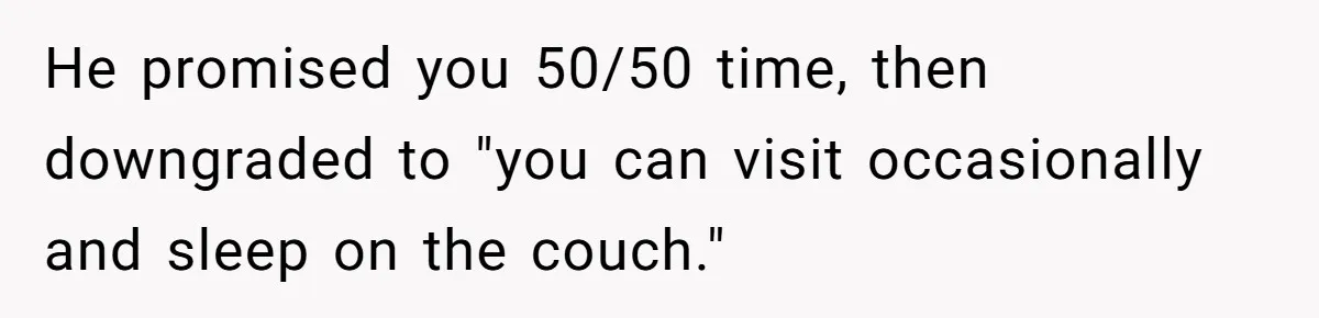 Dad Promises Daughter A Bedroom, Then Makes Her Sleep On The Couch And Prioritizes His Wife's Family He promised you 50/50 time, then downgraded to "you can visit occasionally and sleep on the couch."