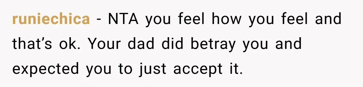 Dad Promises Daughter A Bedroom, Then Makes Her Sleep On The Couch And Prioritizes His Wife's Family runiechica − NTA you feel how you feel and that’s ok. Your dad did betray you and expected you to just accept it.