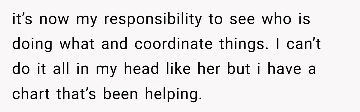 Tired Husband Dares His Wife To Survive Without Him, Turns Out It Is Possible it’s now my responsibility to see who is doing what and coordinate things. I can’t do it all in my head like her but i have a chart that’s been...
