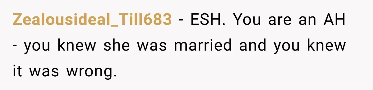 Young Man Has Affair With Married Woman, Her Divorce Is Finalized, And Now He’s Blamed Zealousideal_Till683 − ESH. You are an AH - you knew she was married and you knew it was wrong.