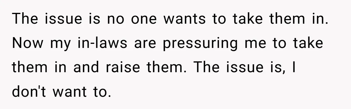 Woman Refuses To Raise Husband's Affair Babies After His Death The issue is no one wants to take them in. Now my in-laws are pressuring me to take them in and raise them. The issue is, I don't want to.