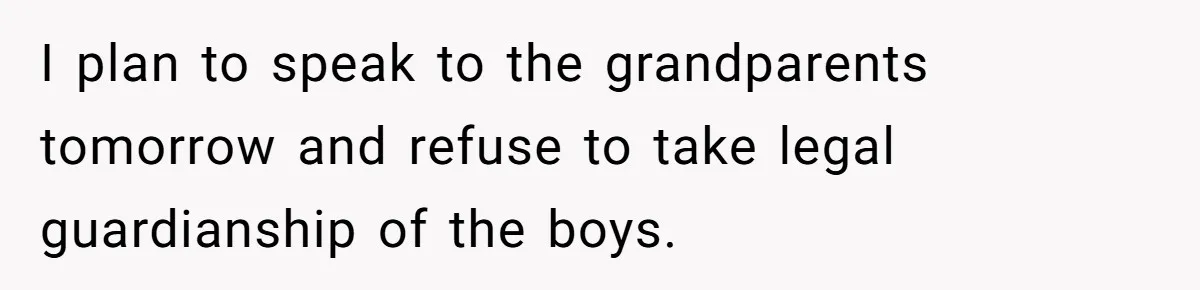 Woman Refuses To Raise Husband's Affair Babies After His Death I plan to speak to the grandparents tomorrow and refuse to take legal guardianship of the boys.