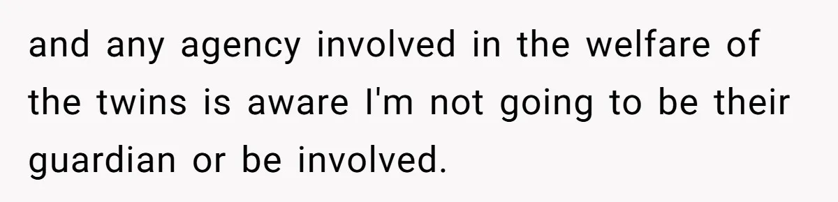 Woman Refuses To Raise Husband's Affair Babies After His Death and any agency involved in the welfare of the twins is aware I'm not going to be their guardian or be involved.