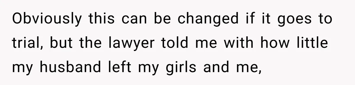 Woman Refuses To Raise Husband's Affair Babies After His Death Obviously this can be changed if it goes to trial, but the lawyer told me with how little my husband left my girls and me,