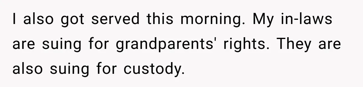 Woman Refuses To Raise Husband's Affair Babies After His Death I also got served this morning. My in-laws are suing for grandparents' rights. They are also suing for custody.
