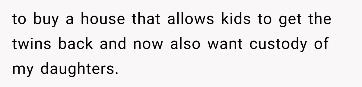 Woman Refuses To Raise Husband's Affair Babies After His Death to buy a house that allows kids to get the twins back and now also want custody of my daughters.