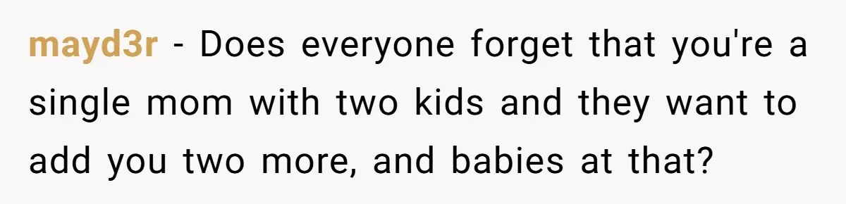 Woman Refuses To Raise Husband's Affair Babies After His Death mayd3r − Does everyone forget that you're a single mom with two kids and they want to add you two more, and babies at that?