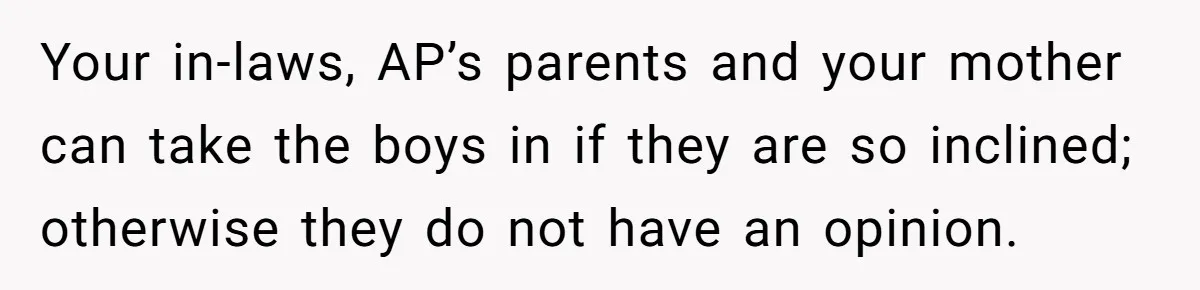 Woman Refuses To Raise Husband's Affair Babies After His Death Your in-laws, AP’s parents and your mother can take the boys in if they are so inclined; otherwise they do not have an opinion.