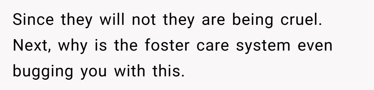 Woman Refuses To Raise Husband's Affair Babies After His Death Since they will not they are being cruel. Next, why is the foster care system even bugging you with this.