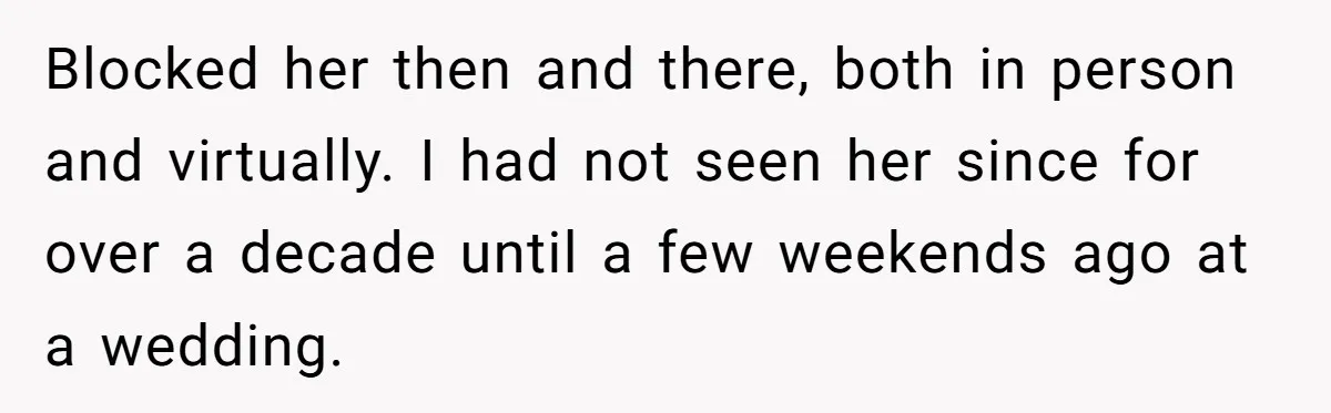 She Told Her Aunt “You’re Not Welcome Anymore,” After Being Pushed About Family She Doesn’t Even Have a Relationship With Blocked her then and there, both in person and virtually. I had not seen her since for over a decade until a few weekends ago at a wedding.