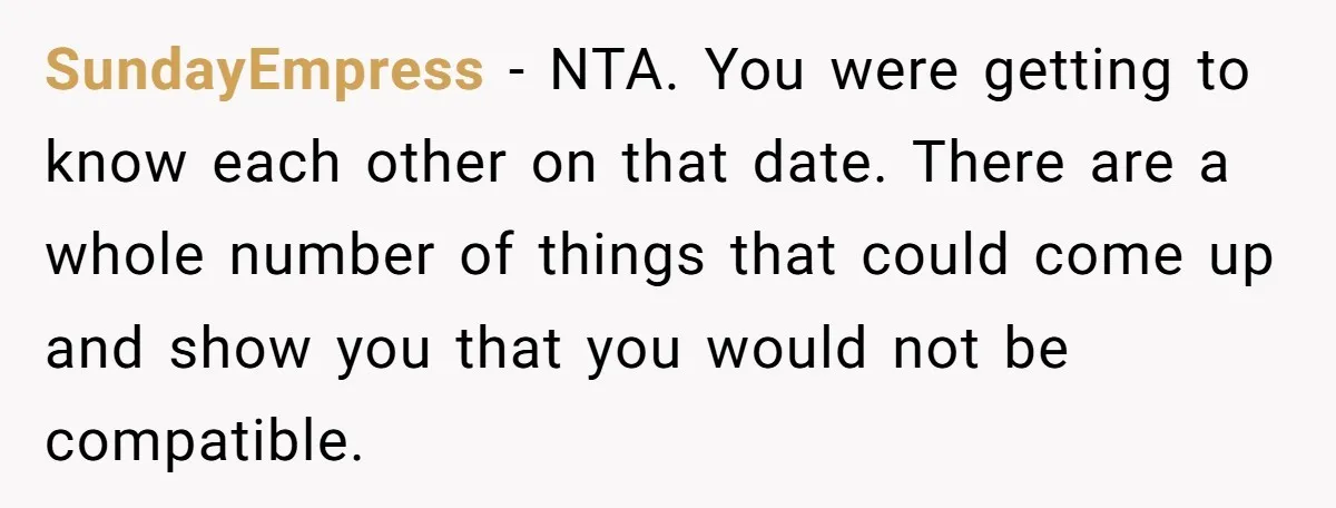 He Paid for Dinner, She Declined a Second Date, and Now He Says She Should’ve “Warned” Him First SundayEmpress − NTA. You were getting to know each other on that date. There are a whole number of things that could come up and show you that you would...