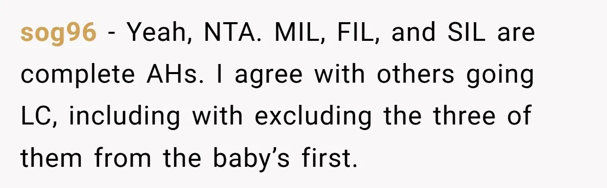 Mother-In-Law Asks New Mom To Sit Out Thanksgiving To Protect Her Daughter’s Feelings sog96 − Yeah, NTA. MIL, FIL, and SIL are complete AHs. I agree with others going LC, including with excluding the three of them from the baby’s first.