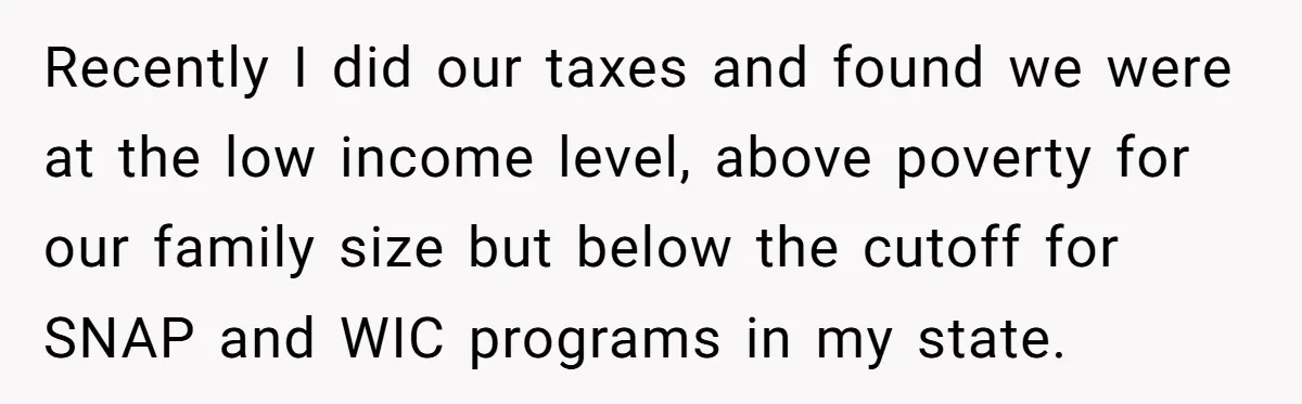 Recently I did our taxes and found we were at the low income level, above poverty for our family size but below the cutoff for SNAP and WIC programs in...
