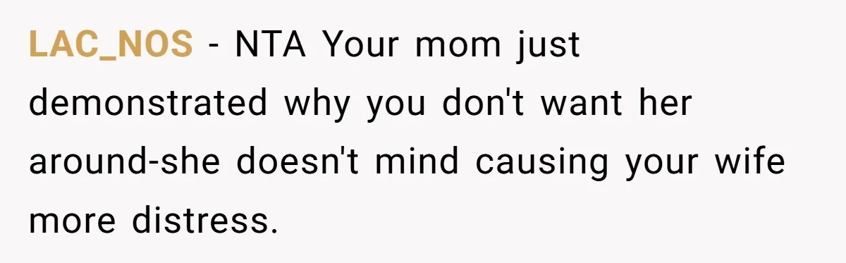 LAC_NOS − NTA Your mom just demonstrated why you don't want her around-she doesn't mind causing your wife more distress.