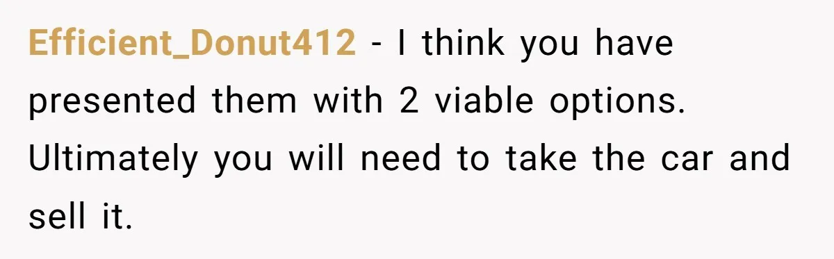 This Woman Thought She Was Just Co-Signing, Until Missed Payments Started Destroying Her Credit Efficient_Donut412 − I think you have presented them with 2 viable options. Ultimately you will need to take the car and sell it.
