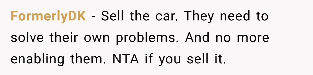 This Woman Thought She Was Just Co-Signing, Until Missed Payments Started Destroying Her Credit FormerlyDK − Sell the car. They need to solve their own problems. And no more enabling them. NTA if you sell it.