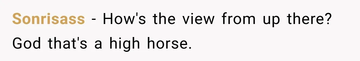 Sonrisass − How's the view from up there? God that's a high horse.