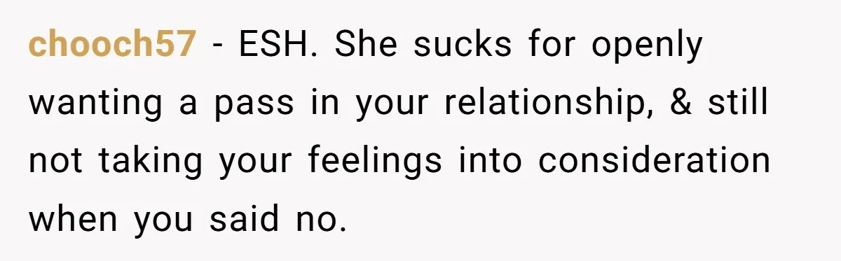 chooch57 − ESH. She sucks for openly wanting a pass in your relationship, & still not taking your feelings into consideration when you said no.
