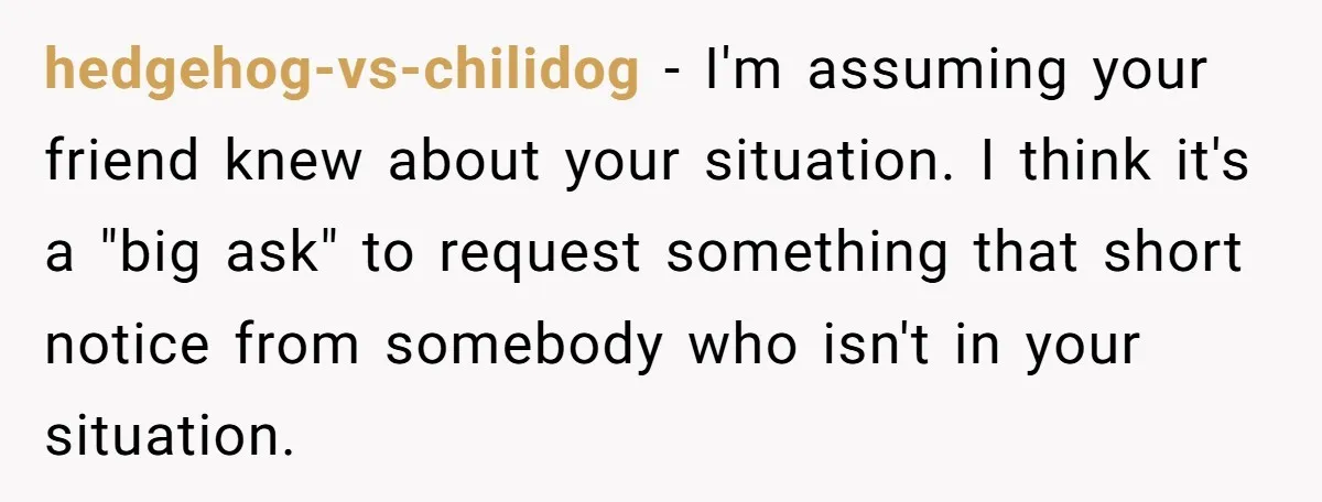 She Said No to an Airport Pickup With Three Hours’ Notice, and Now Their Friendship Is on the Line hedgehog-vs-chilidog − I'm assuming your friend knew about your situation. I think it's a "big ask" to request something that short notice from somebody who isn't in your situation.