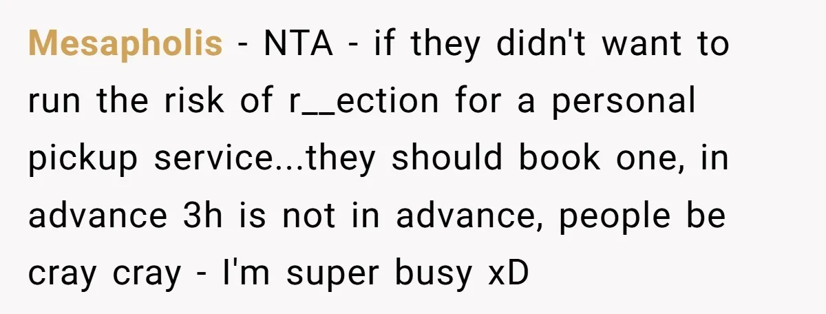 She Said No to an Airport Pickup With Three Hours’ Notice, and Now Their Friendship Is on the Line Mesapholis − NTA - if they didn't want to run the risk of r__ection for a personal pickup service...they should book one, in advance 3h is not in advance, people...