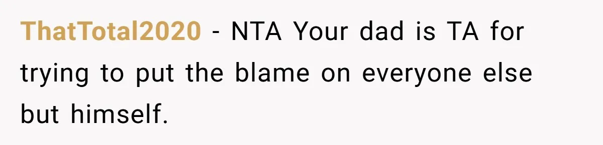 She Refused to Take the Blame for a Car Scratch, Now Her Dad Is Calling Her a Snitch ThatTotal2020 − NTA Your dad is TA for trying to put the blame on everyone else but himself.