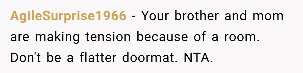 She Finally Made the Spare Room Feel Like Home, Then Her Family Asked Her to Give It Up AgileSurprise1966 − Your brother and mom are making tension because of a room. Don't be a flatter doormat. NTA.