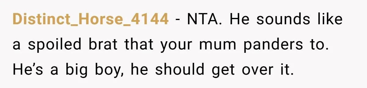 She Finally Made the Spare Room Feel Like Home, Then Her Family Asked Her to Give It Up Distinct_Horse_4144 − NTA. He sounds like a spoiled brat that your mum panders to. He’s a big boy, he should get over it.