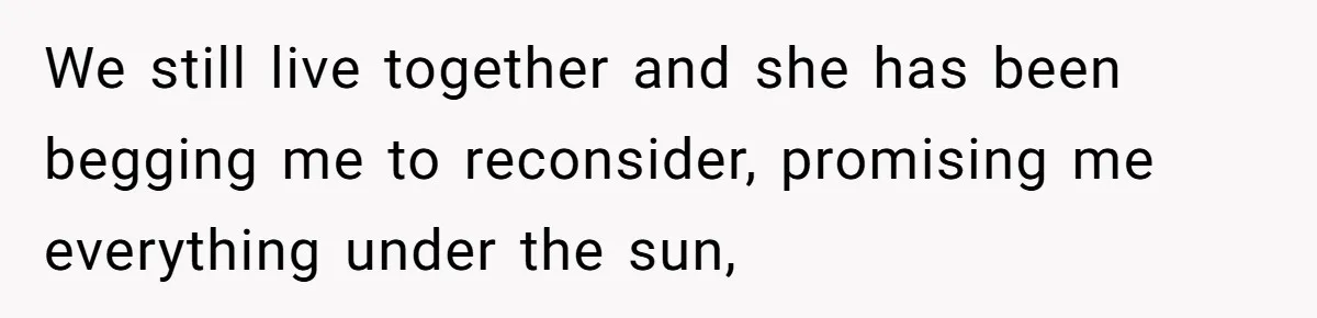 Husband Wants A Divorce After Wife Becomes Abusive And Cheats, She Begs For Another Chance We still live together and she has been begging me to reconsider, promising me everything under the sun,