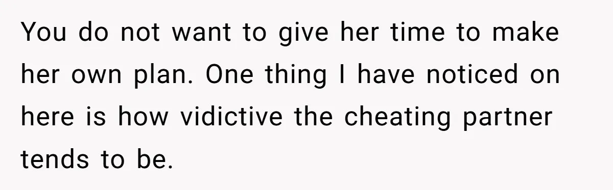 Husband Wants A Divorce After Wife Becomes Abusive And Cheats, She Begs For Another Chance You do not want to give her time to make her own plan. One thing I have noticed on here is how vidictive the cheating partner tends to be.