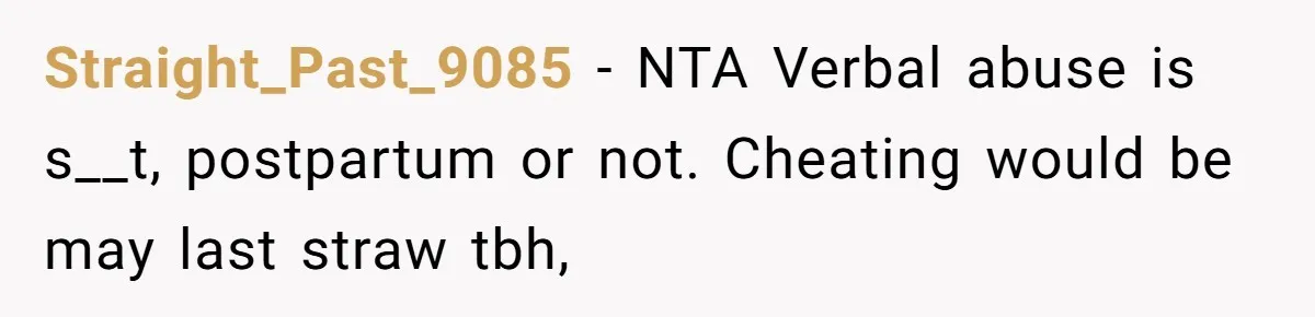 Husband Wants A Divorce After Wife Becomes Abusive And Cheats, She Begs For Another Chance Straight_Past_9085 − NTA Verbal abuse is s__t, postpartum or not. Cheating would be may last straw tbh,