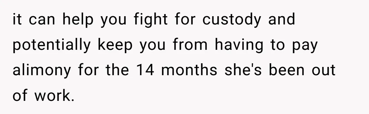 Husband Wants A Divorce After Wife Becomes Abusive And Cheats, She Begs For Another Chance it can help you fight for custody and potentially keep you from having to pay alimony for the 14 months she's been out of work.