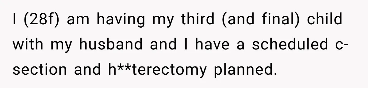 Woman Refuses To Delay Hysterectomy To Be Surrogate For Sister, Is She Wrong For Saying No? I (28f) am having my third (and final) child with my husband and I have a scheduled c-section and h**terectomy planned.
