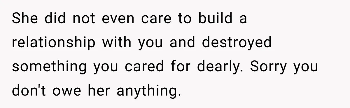 She did not even care to build a relationship with you and destroyed something you cared for dearly. Sorry you don't owe her anything.
