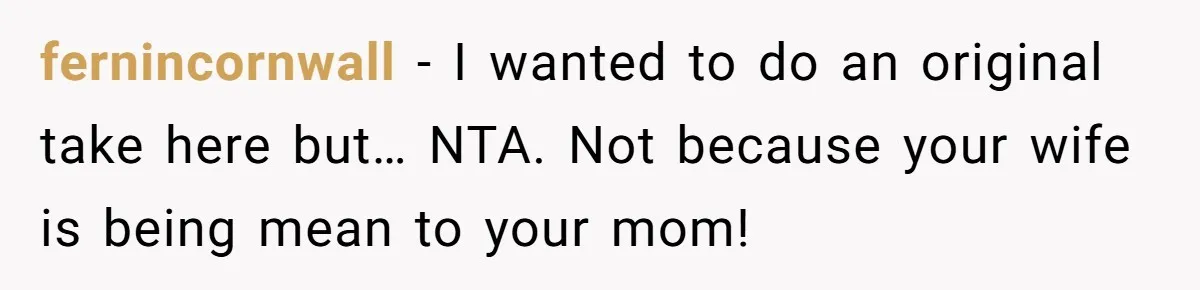 fernincornwall − I wanted to do an original take here but… NTA. Not because your wife is being mean to your mom!