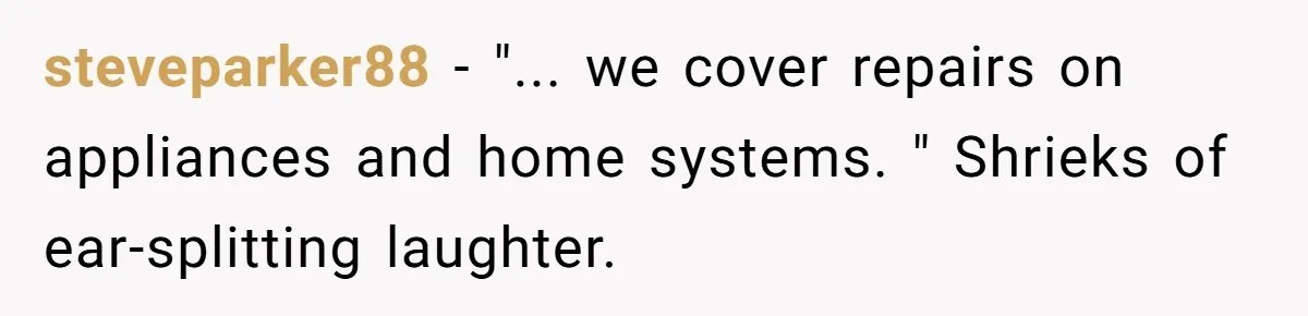 steveparker88 − "... we cover repairs on appliances and home systems. " Shrieks of ear-splitting laughter.