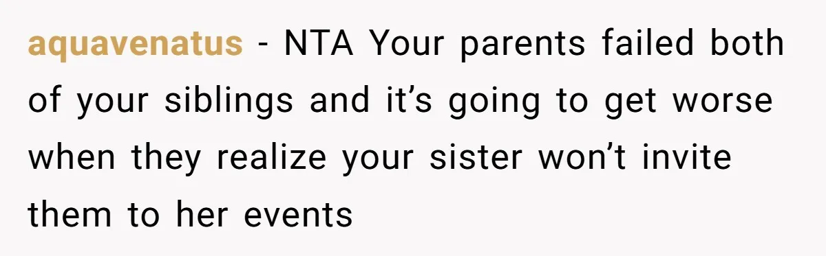 Woman Tells Parents They Don’t Deserve To Walk Sister Down The Aisle After Years Of Favoritism aquavenatus − NTA Your parents failed both of your siblings and it’s going to get worse when they realize your sister won’t invite them to her events