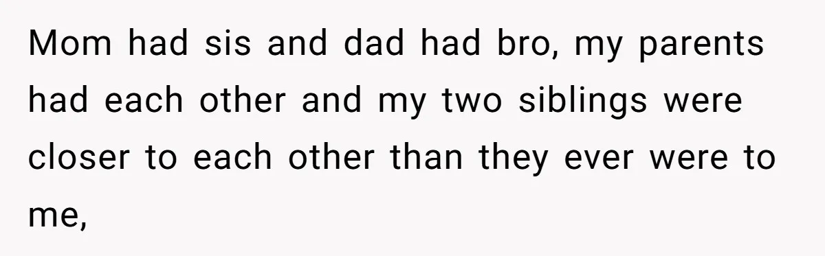 Daughter Exposes Family’s Mistreatment On Social Media After Parents Forget Her On Wedding Day Mom had sis and dad had bro, my parents had each other and my two siblings were closer to each other than they ever were to me,