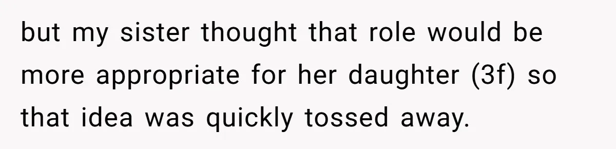 Daughter Exposes Family’s Mistreatment On Social Media After Parents Forget Her On Wedding Day but my sister thought that role would be more appropriate for her daughter (3f) so that idea was quickly tossed away.