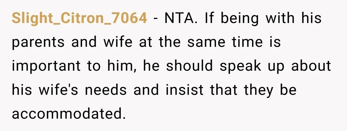Woman Refuses To Stay At Her In-Laws Due To The Heat, But Her Husband Thinks She’s Being Selfish Slight_Citron_7064 − NTA. If being with his parents and wife at the same time is important to him, he should speak up about his wife's needs and insist that they...