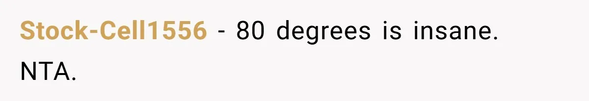 Woman Refuses To Stay At Her In-Laws Due To The Heat, But Her Husband Thinks She’s Being Selfish Stock-Cell1556 − 80 degrees is insane. NTA.