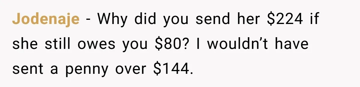 Friend Expects Man To Pay More For Ubers Because She’s Married, Is She Right? Jodenaje − Why did you send her $224 if she still owes you $80? I wouldn’t have sent a penny over $144.