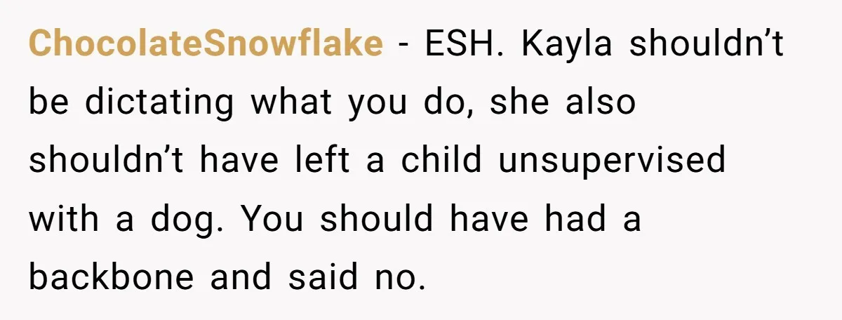She Brought Her Dog to a Party After Being Promised “No Kids.” Then a Toddler Got Knocked Over ChocolateSnowflake − ESH. Kayla shouldn’t be dictating what you do, she also shouldn’t have left a child unsupervised with a dog. You should have had a backbone and said no.